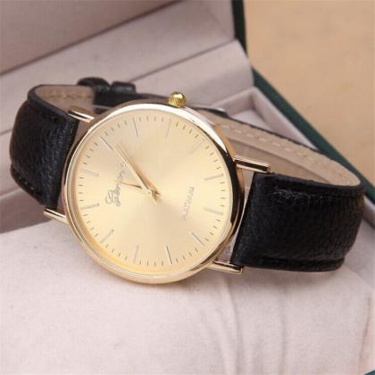 Women Watch, Fashion Pu Leather Gold Wrist Watch..