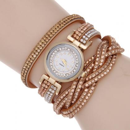 Fashion Crystal Bracelet Watch Leather Wrap Watch..