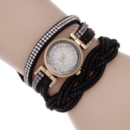 Fashion Crystal Bracelet Watch Leather Wrap Watch..